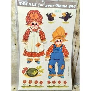 Vtg Creepy Scarecrow's Boy Girl Meyercord Decal Sheet Crow Flowers Watermelon